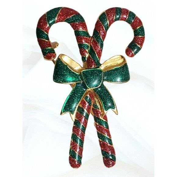 VTG Double Candy Cane Brooch Pin Christmas Enamel Glitter Gold Stripes Bow AAi - Picture 1 of 8